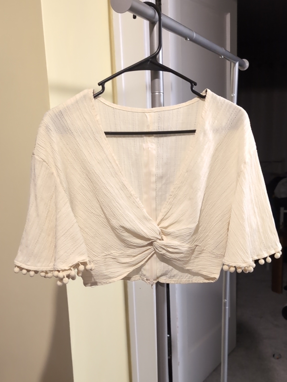 SHEIN Cream Knot-Front Pom-Pom Crop Top